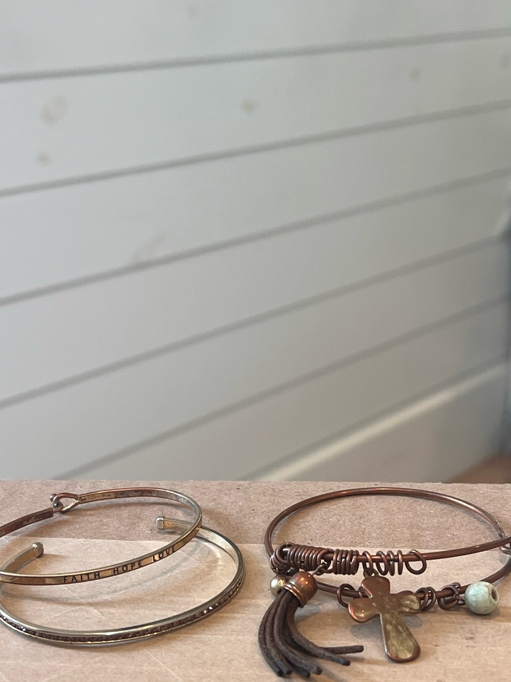 Mixed Metal and Leather Cross Charm Bracelet Set - Brown and Gold